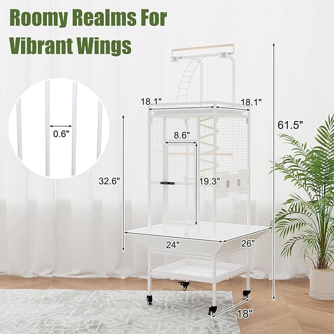 61 Inch Large Bird Cage with Rolling Stand, Heavy-Duty Wrought Iron Birdcage with Ladder, Playtop Parrot Cage for Parrots, Cockatiels, Budgies, Lovebirds, Small/Medium Birds