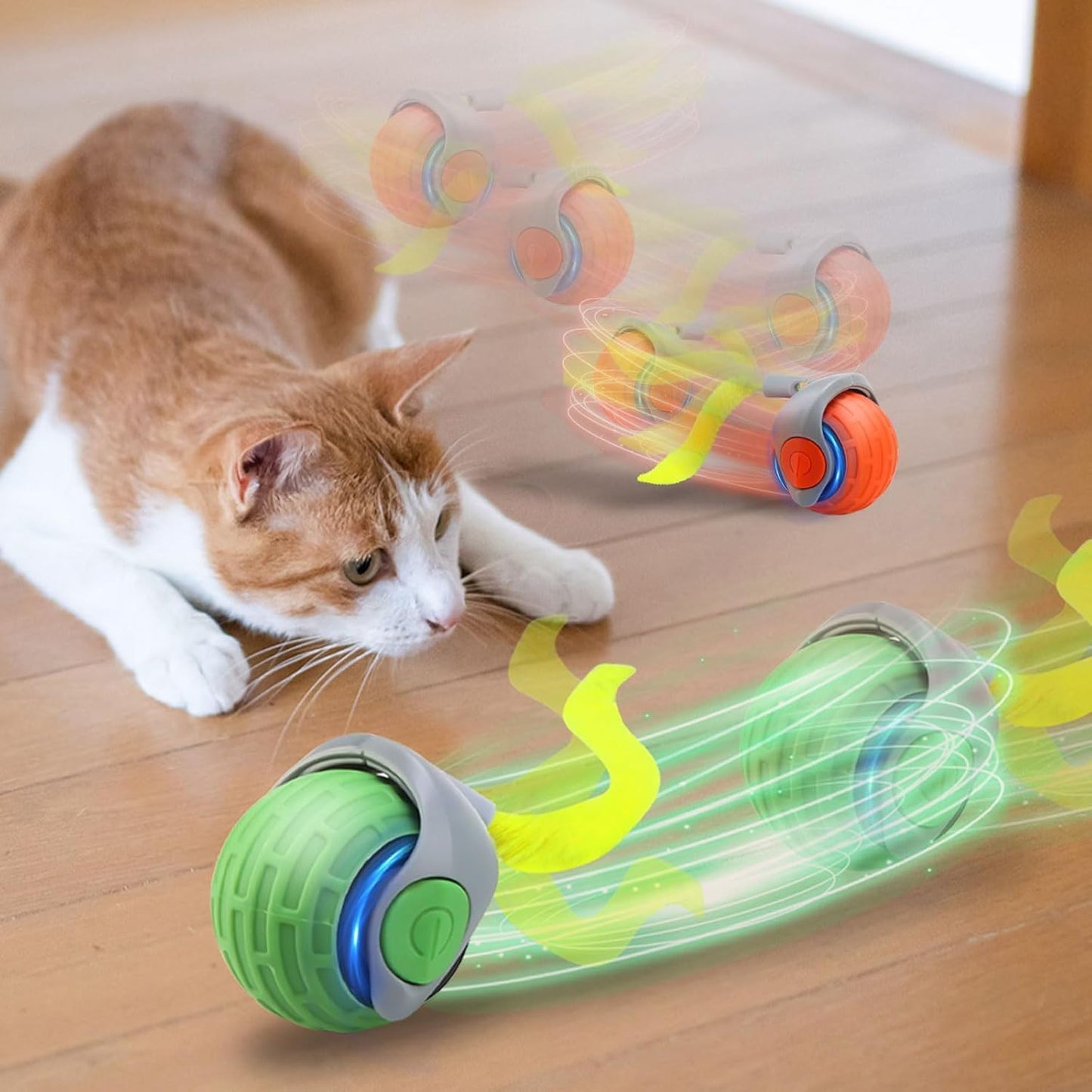 Speedy Tail Interactive Cat Toy Ball, 2025 New Generation, Indoor Play with Replacement Tail (Green-Orange)