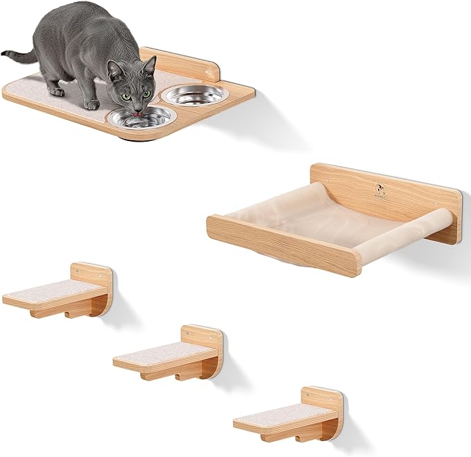 Space-Saving Cat Wall Shelves – Interactive Cat Wall Climber with Hammock & Dog Proof Feeding Station for All Indoor Breeds – Solid Natural Wood with Beige Carpet