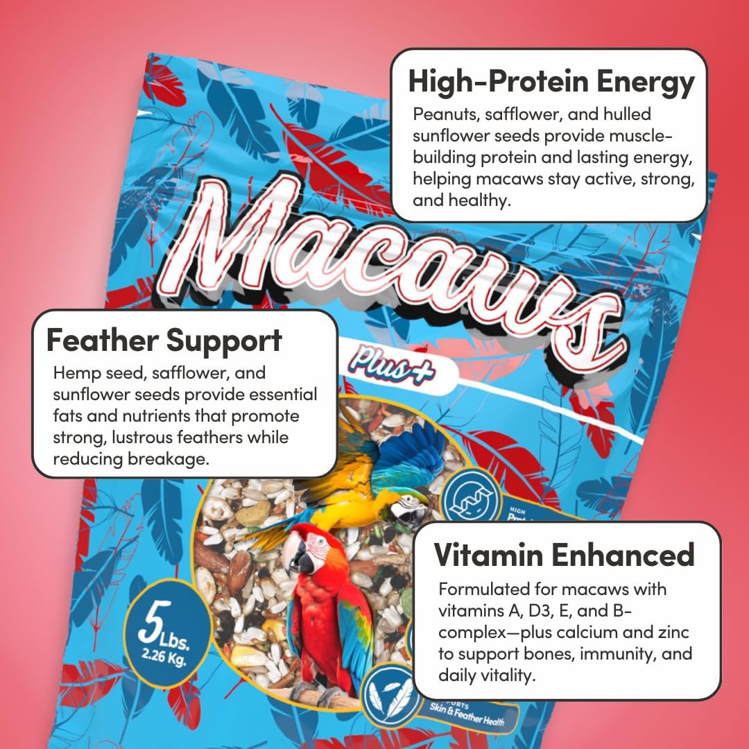 Mycelium Organic Macaw Plus Bird Seed Mix (5 LBS) | Premium Bird Food for Macaws & Large Parrots | High-Protein & Vitamin-Fortified Formula | Skin & Feather Support | Non-GMO, No Fillers, USA Made