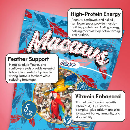 Mycelium Organic Macaw Plus Bird Seed Mix (5 LBS) | Premium Bird Food for Macaws & Large Parrots | High-Protein & Vitamin-Fortified Formula | Skin & Feather Support | Non-GMO, No Fillers, USA Made