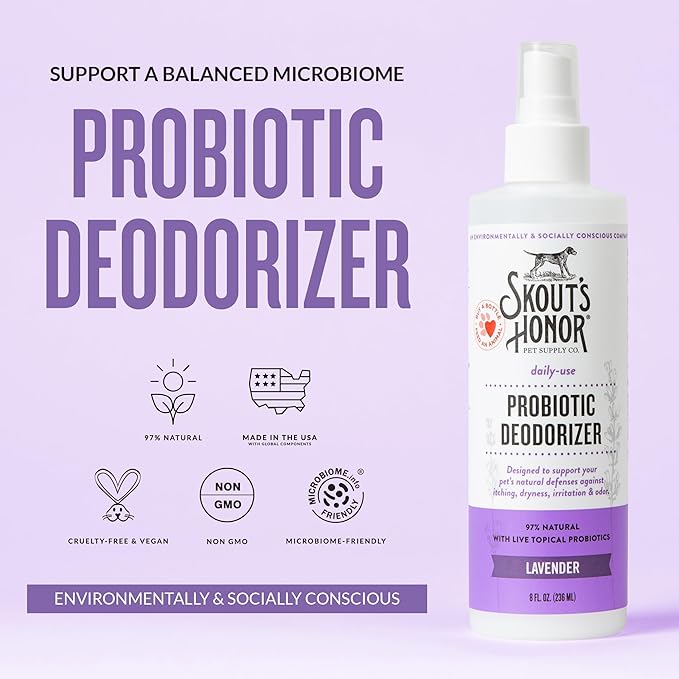 SKOUT'S HONOR Probiotic Pet Deodorizer Spray- Hydrating Daily-Use with Avocado Oil & Omega-3s, Microbiome Friendly Certiified, Paraben & Sulfate-Free, 97% Natural, 8oz, Lavender