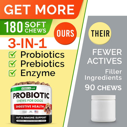 STRELLALAB Dog Probiotics Chews for Digestive Health & Gut Support with Yeast and Enzymes - Anti Gas, Diarrhea and Upset Stomach Immune Supplement - Digestion Treats with Fiber (180Ct, Chicken)