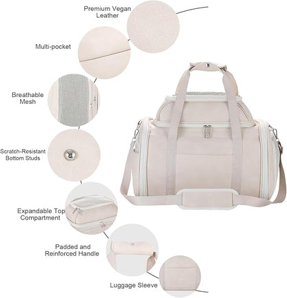 Premium Leather Top Expandable Pet Carrier for Small Dogs & Cats Under 15 lbs, Airline Approved Collapsible Soft-Sided Luxury Travel Bag Beige