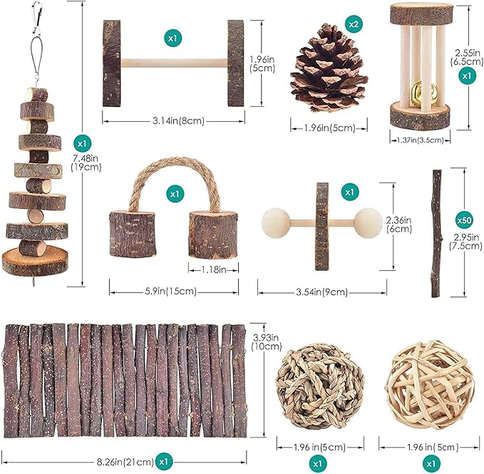 ERKOON 11 Pack Chinchillas Chew Toys, Toys Accessories for Teeth Care, Natural Apple Wood Ladder Bell Roller for Russian Hamster Gerbils Rats Guinea Pigs (11PCS)