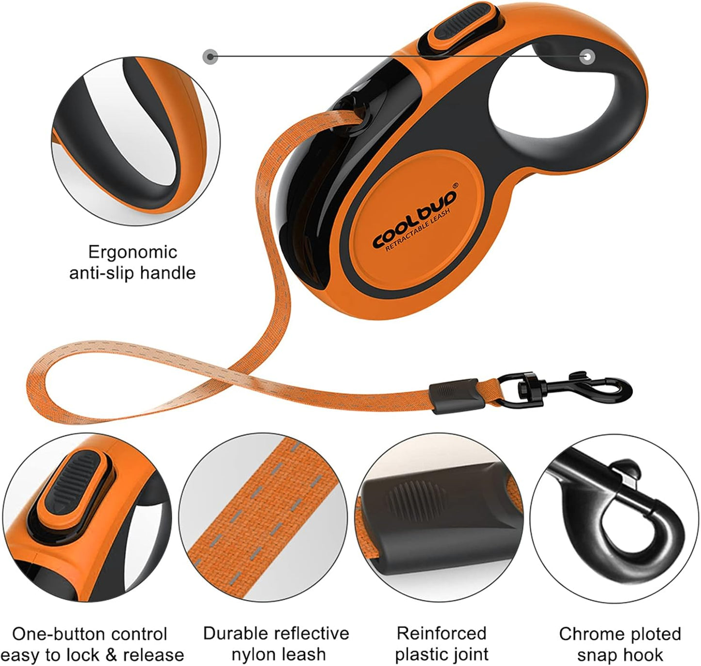 Retractable Dog Leash, Upgraded & Durable, 16ft Heavy Duty Pet Walking Leash with Anti-Slip Handle for Small Dog or Cat, Strong Reflective Nylon Tape, One-Handed Brake, Pause, Lock (Orange,Small)