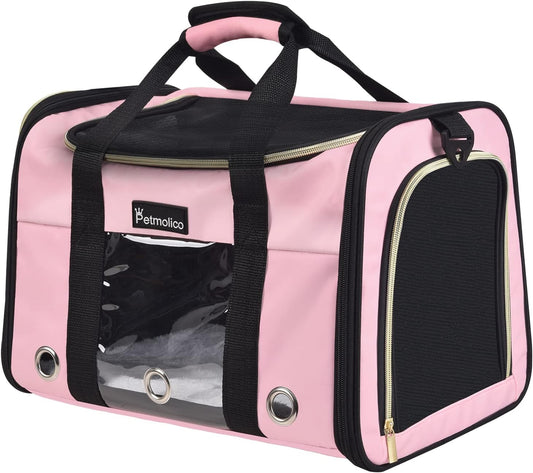 Petmolico Cat Carrier Soft-Sided Pet Bag for Small Medium Cats Puppies 16LBs - Airline Approved Pet Travel Carrier 3 Open Doors (Medium,Pink)