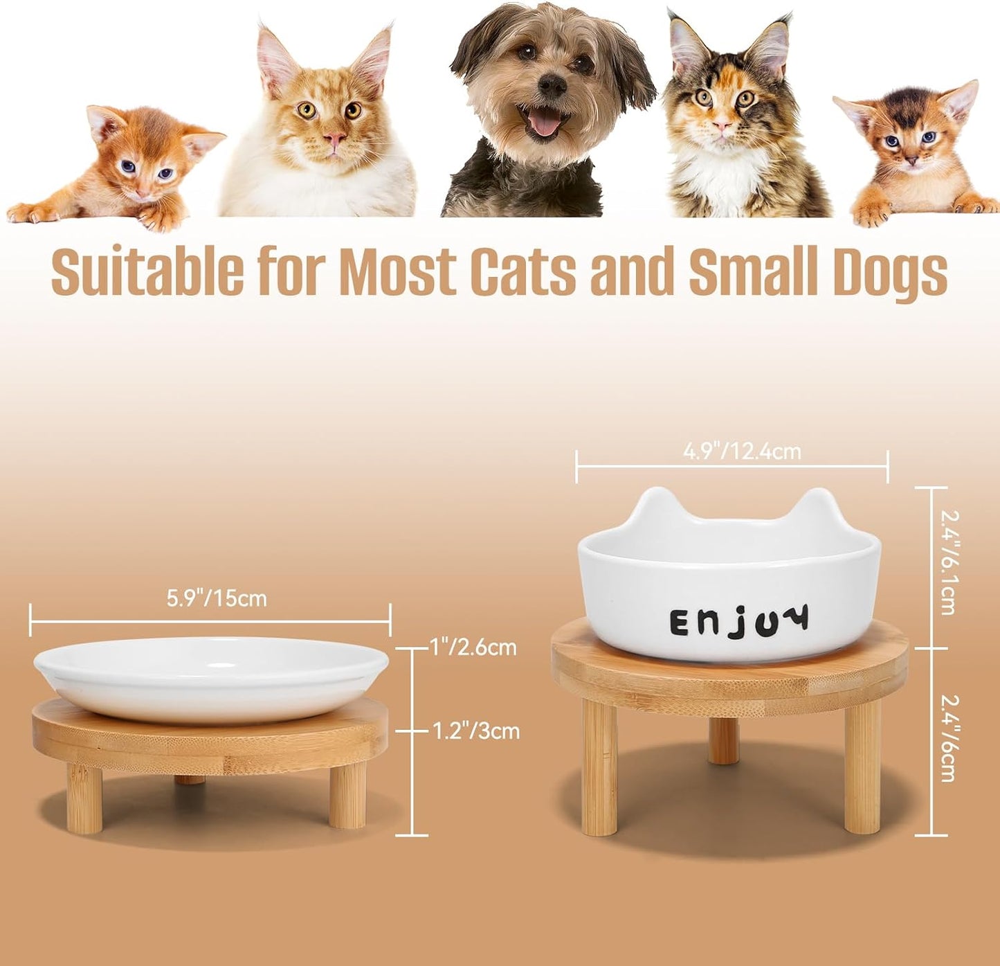 3PCS Elevated Cat Bowls,Wide Raised Ceramic Pet Dishes with Bamboo Stand, Whisker Friendly Pet Water or Food Plates Feeding Station for Indoor Small Dogs, Kitten (White(3PCS))