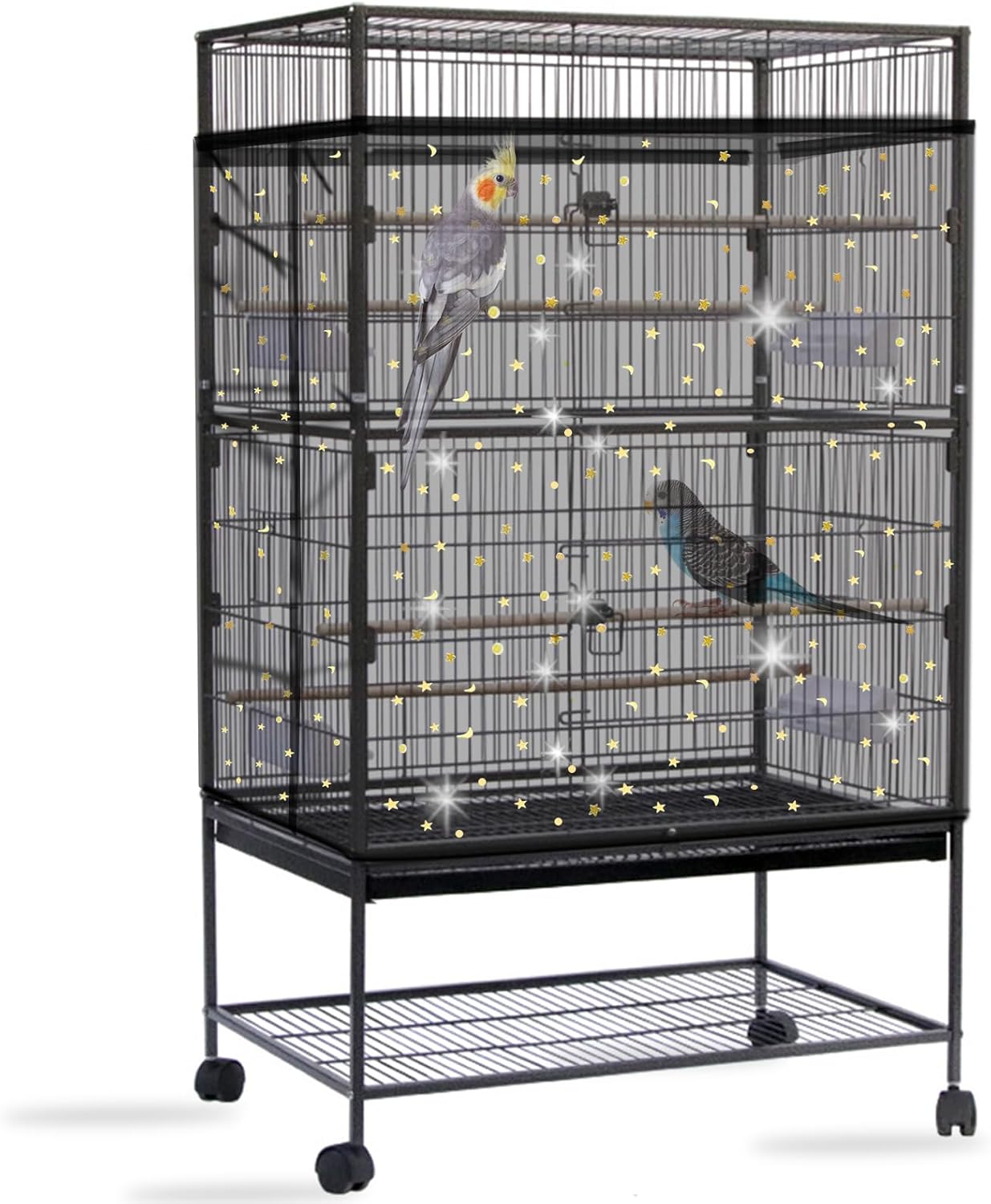 Daoeny Bird Cage Seed Catcher, Large Bird Cage Cover, Adjustable Soft Airy Nylon Mesh Net, Birdcage Cover Skirt Seed Guard for Parrot Parakeet Macaw African Round Square Cages (Black, Sequins Star)