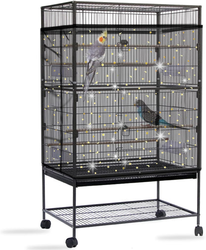 Daoeny Bird Cage Seed Catcher, Large Bird Cage Cover, Adjustable Soft Airy Nylon Mesh Net, Birdcage Cover Skirt Seed Guard for Parrot Parakeet Macaw African Round Square Cages (Black, Sequins Star)