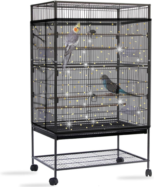 Daoeny Bird Cage Seed Catcher, Large Bird Cage Cover, Adjustable Soft Airy Nylon Mesh Net, Birdcage Cover Skirt Seed Guard for Parrot Parakeet Macaw African Round Square Cages (Black, Sequins Star)