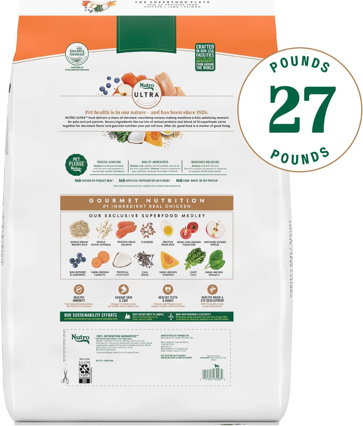 Nutro Ultra High Protein Dry Puppy Food, Trio of Proteins from Chicken, Lamb and Salmon, 27 lb Bag