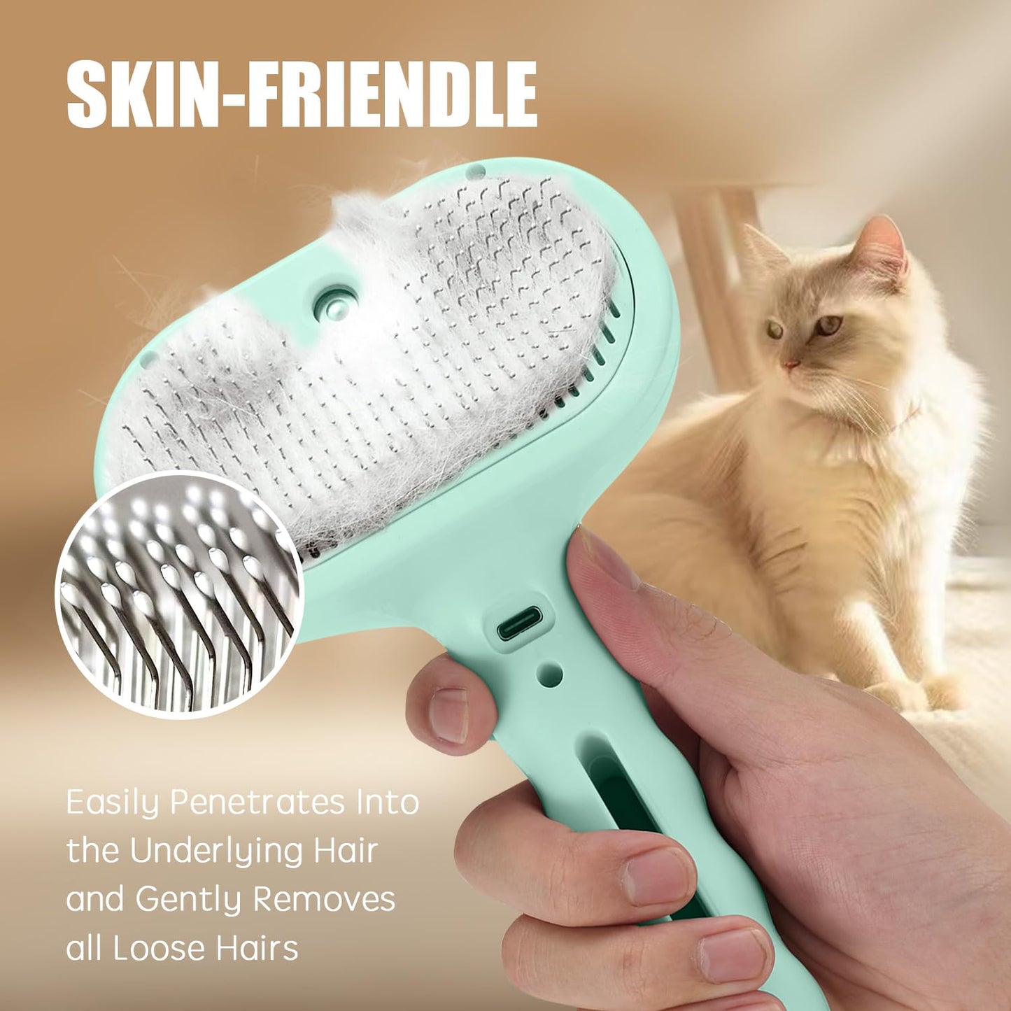 3-in-1 Pet Steam Brush, Grooming Comb with Water Tank for Cats and Dogs, Long and Short Hair (Green)