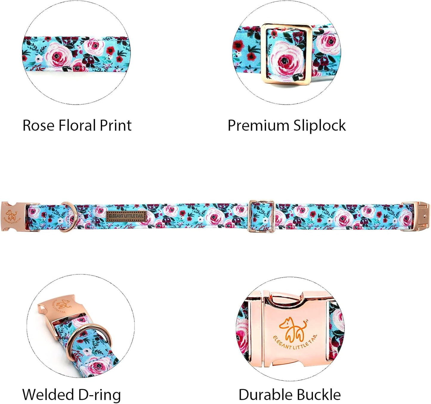 Elegant little tail Dog Collar, Pink Floral Print Pet Collar Summer Dog Collar Pet Collar Dog Cotton Durable Dog Collar Metal Buckle Collar for Small Dogs, Blue Flower