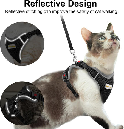 Cat Harness and Leash for Walking, Retractable Cat Harnesses and Leash Set Escape Proof, Breathable Soft Kitten Small Large Harness for Travel Training and Walking, Black, S