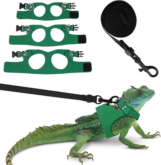Bearded Dragon Harness Leash Set 3 Size Adjustable Lizards Training Walking Leather Vest Escape-Proof Traction Rope for Outdoor Small Reptiles Animal Squirrels (Green)