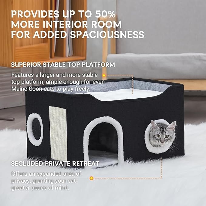 Cat House for Indoor Cats – Foldable Cat Cave & Covered Cat Bed, Cozy Hideaway for Small Pets and Large Cats (23.6"x16"x12.8"),Black