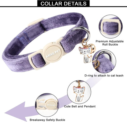 ARING PET 2 Pack Cat Collars-Cute Breakaway Cat Collar with Bell & Pendant, Adjustable Velvet Purple&Rose Red Kitten Collars with Safety Buckle for Girl and Boy Cats