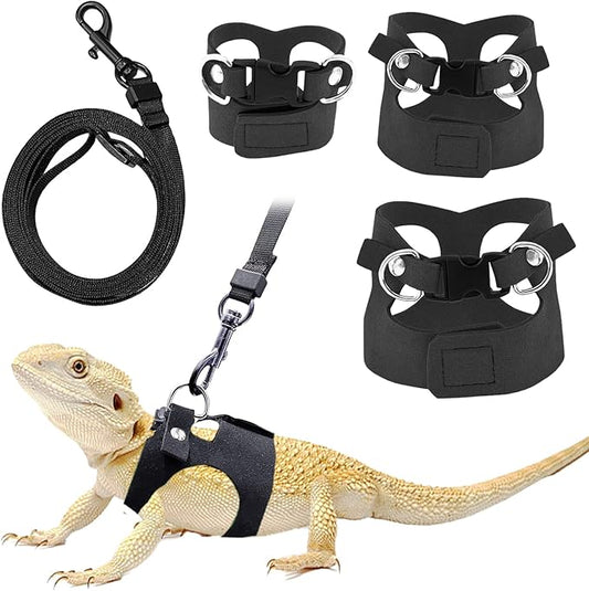 Bearded Dragon Leash and Harness Set - 3-Size Adjustable Soft Leather Vest for Training & Walking, Easy-On-and-Off Design (Black, 2M)