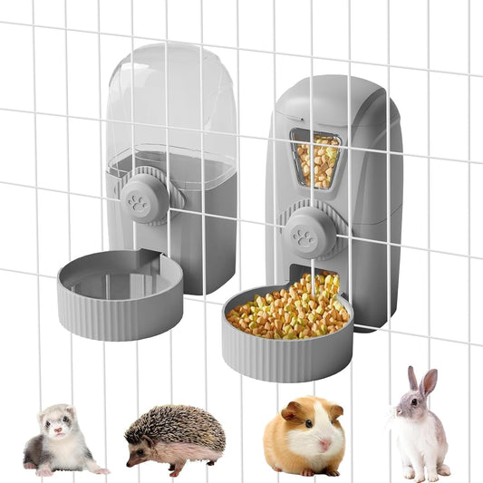 Rabbit Automatic Food Feeder and Water Dispenser Bunny Gravity Feeding Station Waterer Set Hanging Self-Dispensing Feeder for Ferret,Guinea Pigs Chinchillas Hedgehog (Grey)