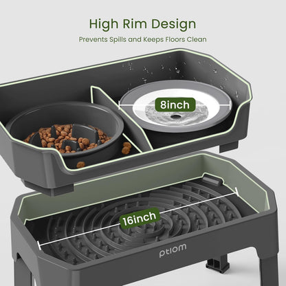 4-in-1 Elevated Slow Feeder Dog Bowls, 4 Height Adjustable Mess Proof Raised Dog Bowl Stand with No Spill Water Bowl, Stainless Steel Doggy Food Dish & Slow Feeder for Large Medium Small Pets