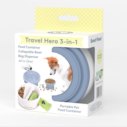 Sweet Paws Travel Hero 3-in-1 Portable Pet Food Container, Silicone Water Bowl, and Poop Bag Dispenser in One, Glacier