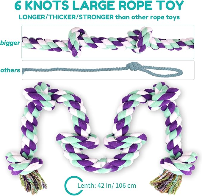 Dog Rope Toy 42In 6 Knots Indestructible Natural Cotton - Tough Chew Toys for Medium/Large Breeds Aggressive Chewers, Daily Companionship, Heavy Duty Tug of War Dog Pull Rope Teeth Cleaning