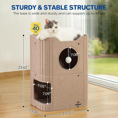 Cat House for Indoor Cats Large Cat Bed Cave 2-Storey Cats Condo with Cozy Felt Covered Hideaway for Multiple Pets Beige