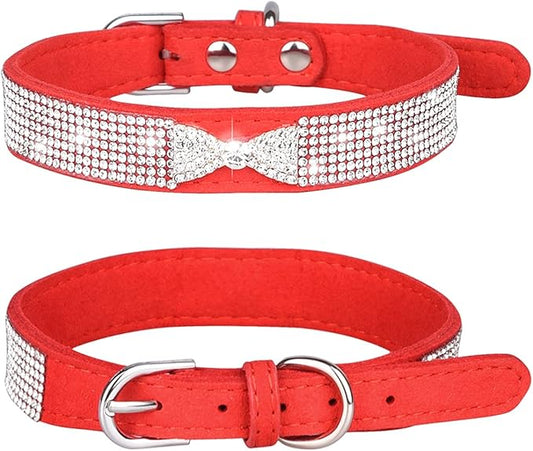 Rhinestone Dog Collar, Cute Dazzling Sparkling Soft Suede Leather Adjustable Pet Dog Cat Collar Crystal Diamond for Puppy Small Medium Large Dogs (XS:21-26cm, Red-3)
