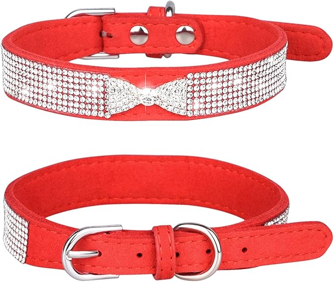 Rhinestone Dog Collar, Cute Dazzling Sparkling Soft Suede Leather Adjustable Pet Dog Cat Collar Crystal Diamond for Puppy Small Medium Large Dogs (L:38-46cm, Red-3)