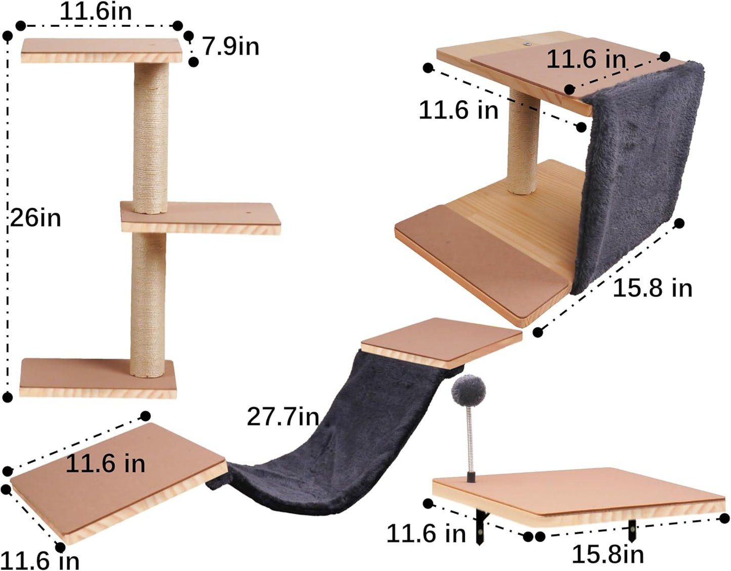 Wall Mounted Cat Climber Set, Solid Wood Cat Wall Shelves with Scratching Post,Hammock,Jumping Boards,Steps,Condo and Felt Pads, Suit for Cats Climb, Jump, Nap, Scratch-Dark