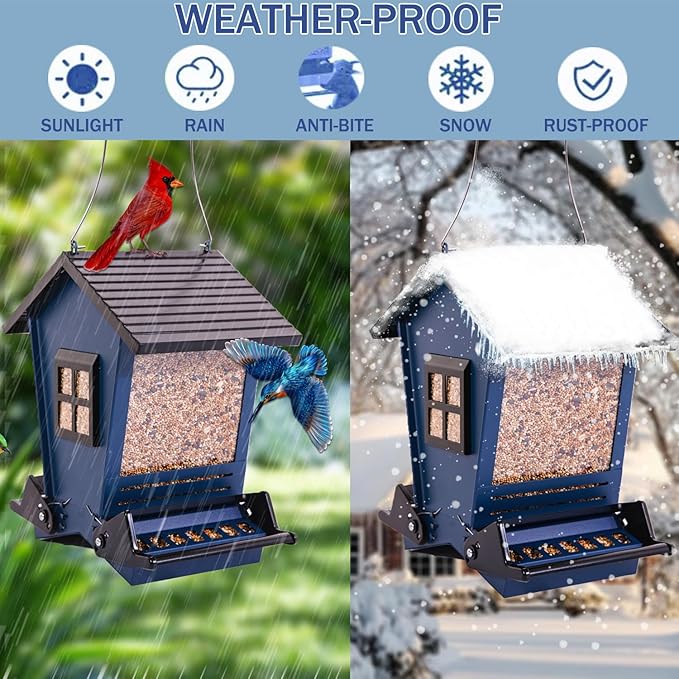LSCQYYCC-Bird Feeder Squirrel Proof Metal Hanging for Outdoor Wild Bird Seed, with Bilateral Weight-Activated Perches, Large Feeder That Attracts Cardinals, Chickadees, and More Birds-One in Blue