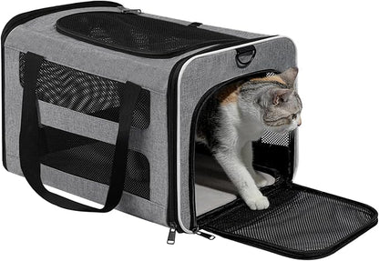 Cat Carrier Soft-Sided 18x11x11 Inch Travel Bag for Medium Cats Over 15lbs, Small Dog Carrier Crate Top Entry Breathable Mesh Puppy 12 Pounds, Pet Rabbit Carrying Cage Kennel Collapsible Grey