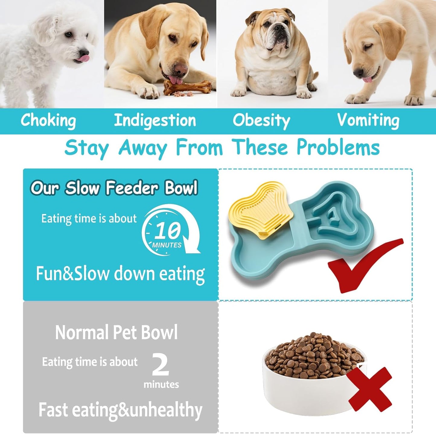 Bone Slow Feeder Bowl for Dogs Cats - 2-in-1 Lick Mat & Water Dish with 6 Non-Slip Pads, Food-Grade PP & Silicone Pet Bowl for Anti-Choking，Fun Feeding，Anxiety Relief (Wathet Blue)