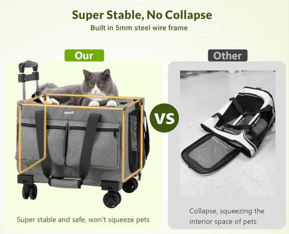 Pecute Cat Carrier with Wheels,Steel Wire Frame Cat Carrier, Stable Pet Trolley Bag for Cats, Pet Handbag and Stroller, Portable Cat Carrier Bag for Car Travel Bus Subway, Grey