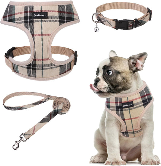 SCENEREAL No Pull Dog Harness Collar and Leash Set for Small Sized Dogs, Soft Mesh Step in Plaid Harnesses for Fall Winter, Adjustable Pet Vest for Outdoor Walking Training and Running