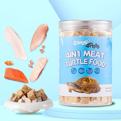 Turtle Food - 4 in 1 Natural Freeze-Dried Chicken, Duck, Salmon, Cod – Real Meat Snacks for Aquatic & Box Types, Cats & Dogs – Human-Grade Quality