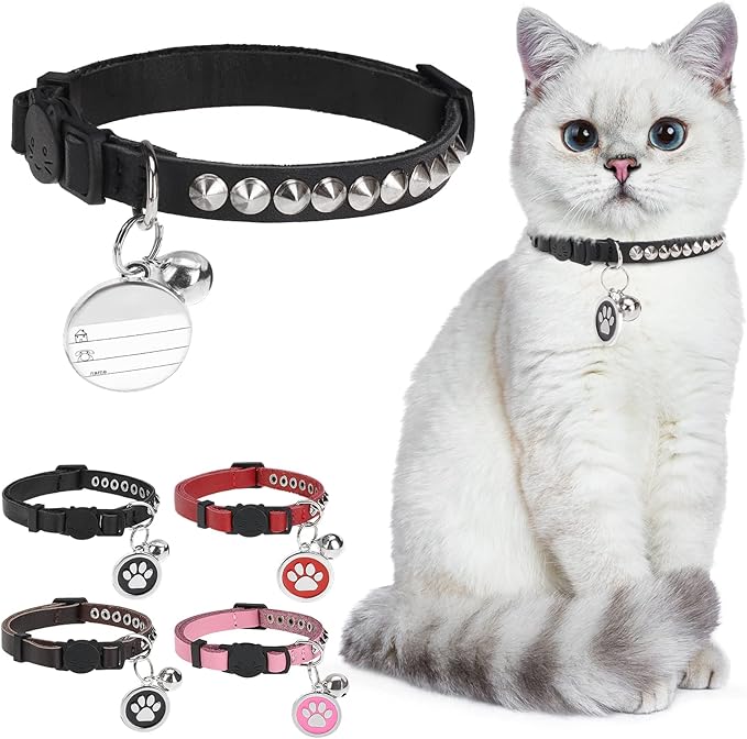 Leather Personalized Breakaway Cat Collar with Studded Bell and Safety Quick Release Buckle - Rivets Studded ID DIY Collars for Boy Girl Cats Kittens, Black XS