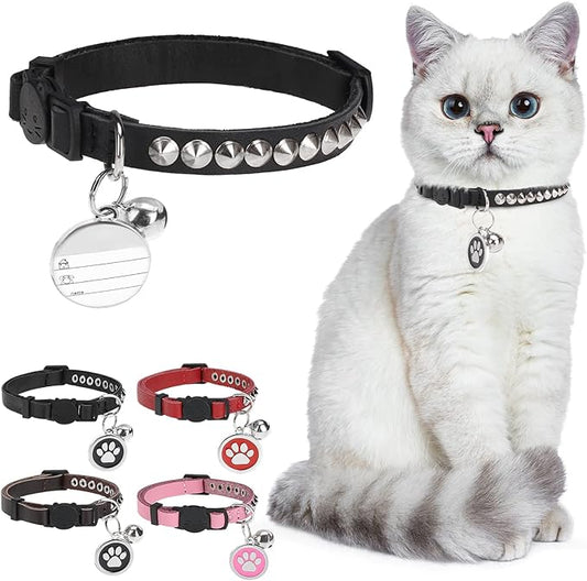 Leather Personalized Breakaway Cat Collar with Studded Bell and Safety Quick Release Buckle - Rivets Studded ID DIY Collars for Boy Girl Cats Kittens, Black XS