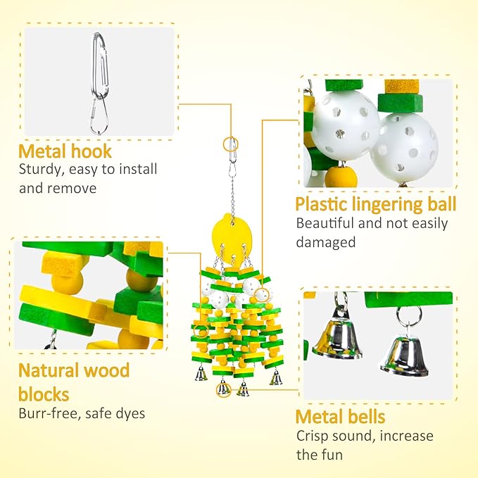 MEWTOGO Parrot Toys, Safe Healthy Parrots Cage Chewing Toy with Colorful Wood Blocks Crisp Bells for Macaws African Grey and Amazon Parrots (Lemon Style)