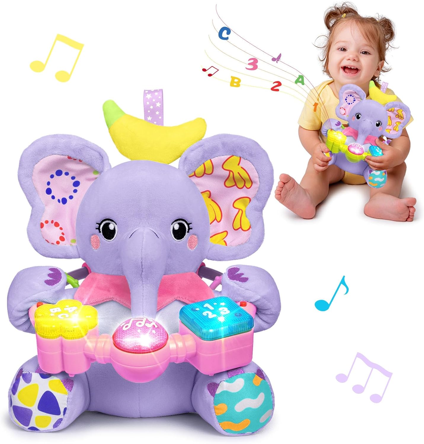 Baby Elephant Musical Stuffed Animals Toy with Light-Up Music & Crinkle Sound Paper,Infant Bilingual Early Learning Education Toys,Tummy Time Toys for 0-3-6-12+ Months Boy Girl, Purple