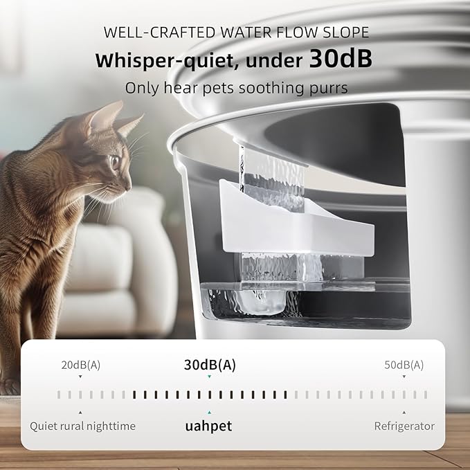 uahpet Wireless Cat Water Fountain Stainless Steel Pro, External Pump Battery Operated Pet Waterer, Dog Drinking Dispenser with Water Level Window, 67oz/2L
