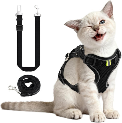 Kitten Cat Harness and Leash Set, Escape Proof Soft 4-Adjustable Cat Walking Vest Harness, Reflective Strips in Harness for Kitty Puppy Bunny Car Travel, with Car Seatbelt Leash (Black, XS)