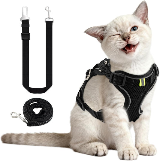 Kitten Cat Harness and Leash Set, Escape Proof Soft 4-Adjustable Cat Walking Vest Harness, Reflective Strips in Harness for Kitty Puppy Bunny Car Travel, with Car Seatbelt Leash (Black, XXS)