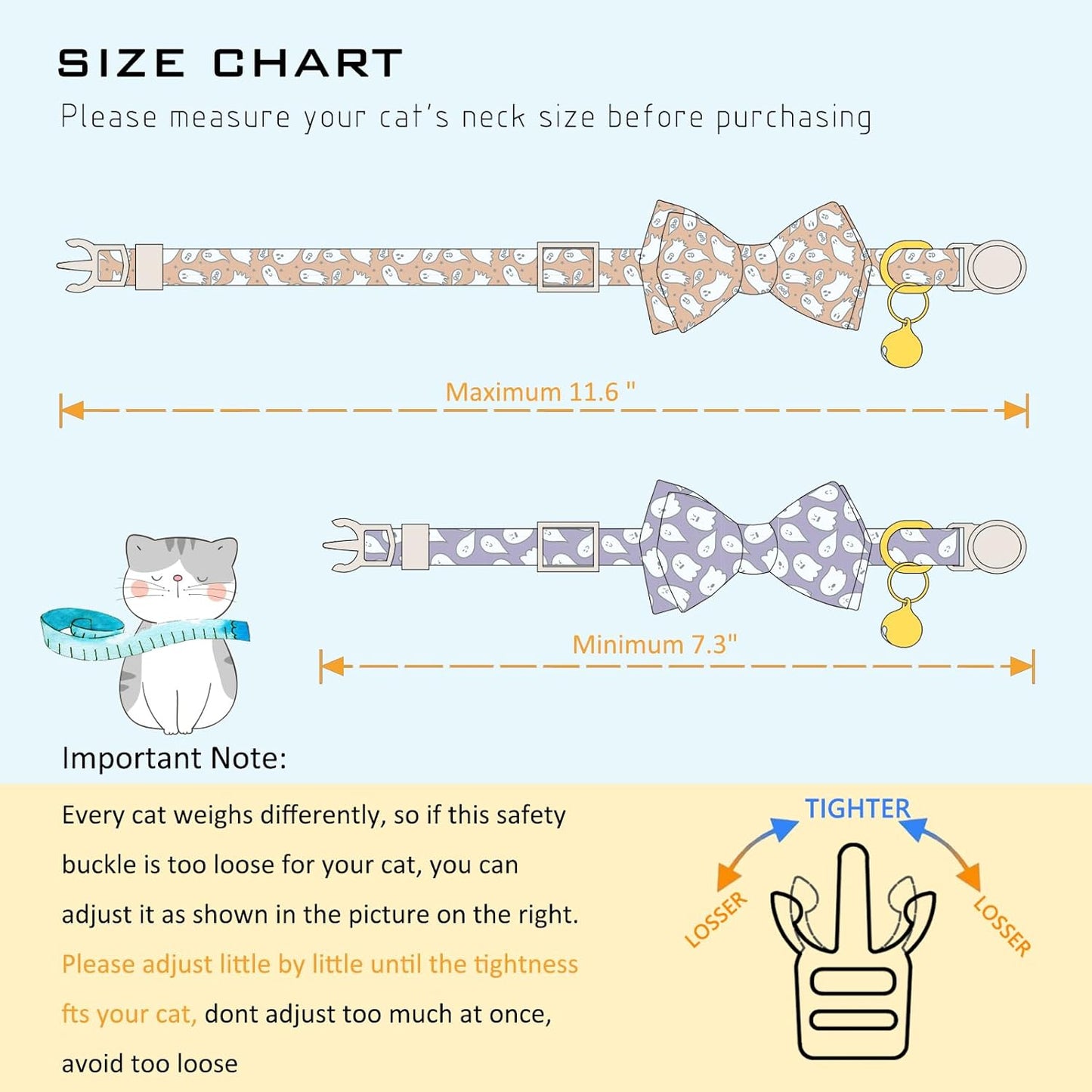 Faygarsle 2 Pack Halloween Cat Collar with Bowtie and Bell, Breakaway Safety Buckle, Ghost Pattern, Orange and Light Purple