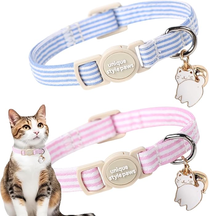 Unique style paws 2 Pack Spring Summer Kitten Collar Breakaway with Bell&Pendant, Adjustable Safety Blue Pink Stripe Cat Cotton Collar for Girl Boy Cat and Small Pet