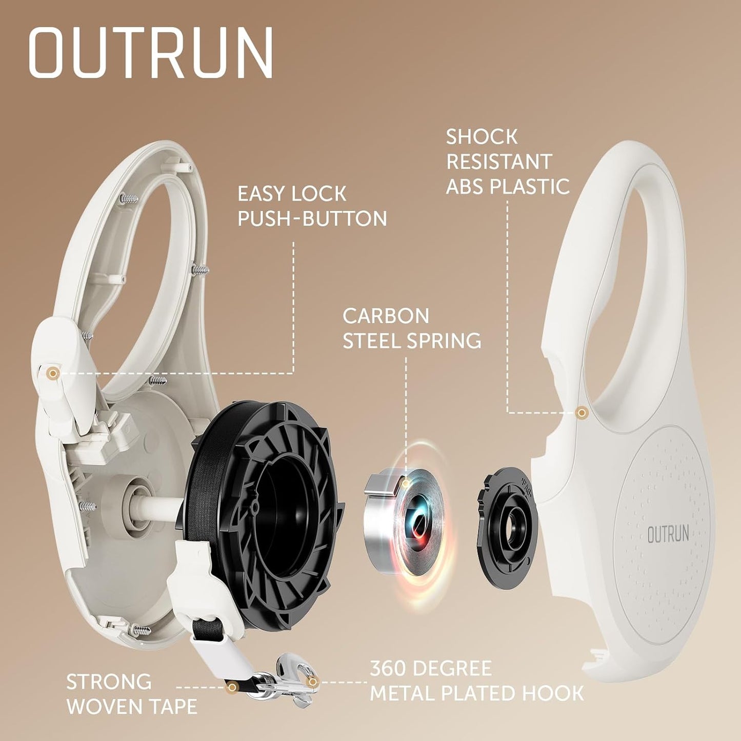OUTRUN Retractable Dog Leash 16 FT Walking Leash up to 55 Lbs, Strong Nylon Tape No Tangle, Heavy Duty One-Handed Brake Lock Perfect for Small & Medium Sized Dogs and Pets (Starlight White)