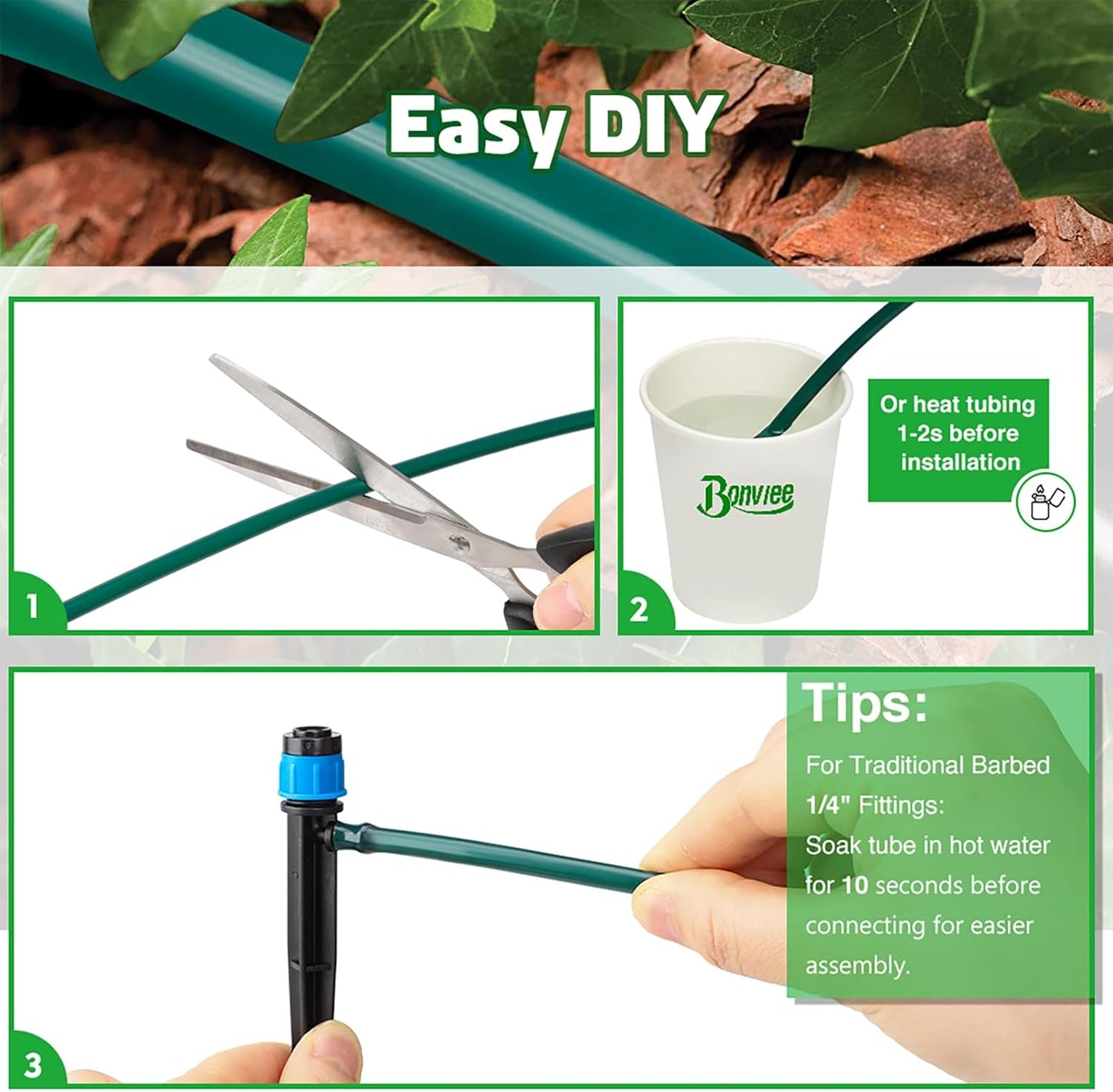 Bonviee 50ft 1/4 inch Drip Irrigation Tubing, Drip Irrigation Hose, Garden Watering Tube Line for Garden Watering System-Green