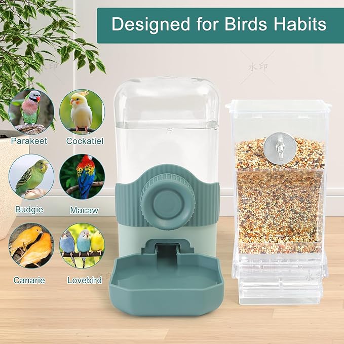 No Mess Bird Feeder Water Dispenser Set, Automatic Parrot Feeder Drinker Cage Accessories, for Parakeets, Cockatiels, Budgies, Macaws, Lovebirds, Canaries - Cage Mounted/External Hanging (Aqua)