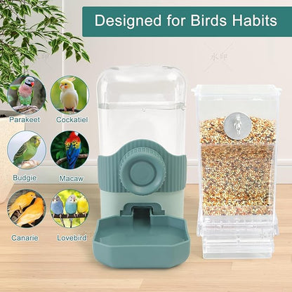 No Mess Bird Feeder Water Dispenser Set, Automatic Parrot Feeder Drinker Cage Accessories, for Parakeets, Cockatiels, Budgies, Macaws, Lovebirds, Canaries - Cage Mounted/External Hanging (Aqua)